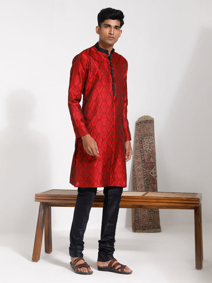 VASTRAMAY Men's Maroon And Black Silk Blend Kurta Pyjama Set