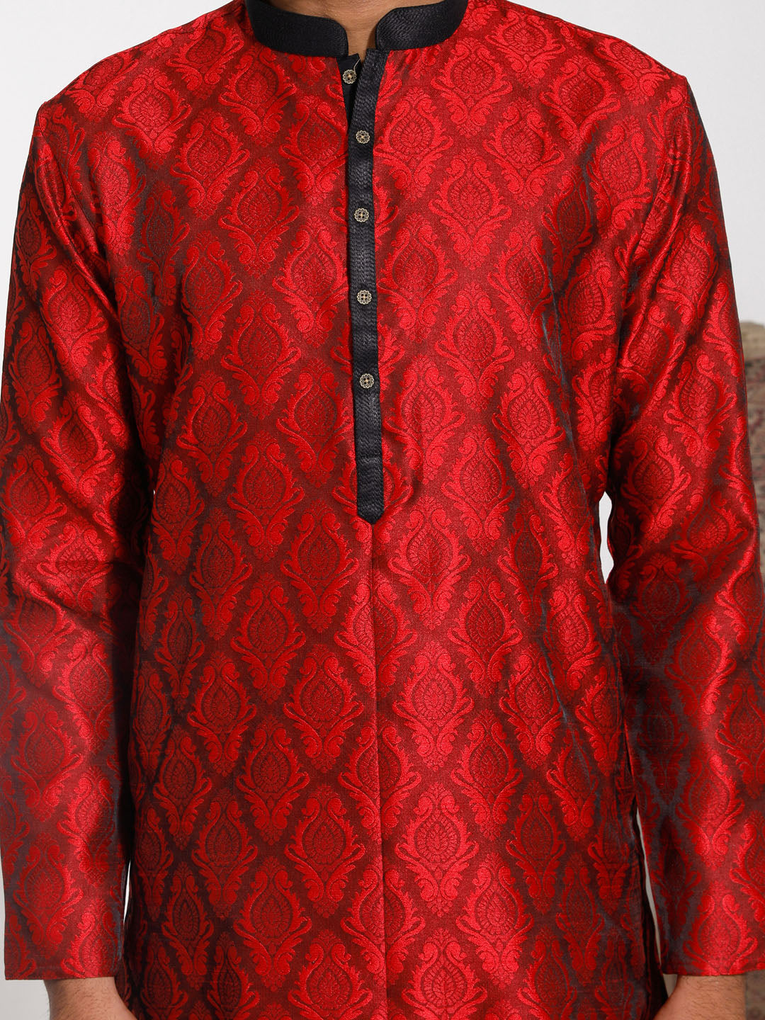 VASTRAMAY Men's Maroon And Black Silk Blend Kurta Pyjama Set