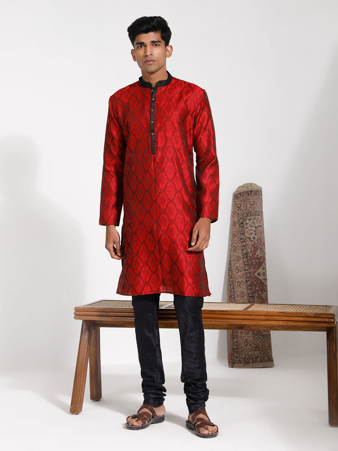 VASTRAMAY Men's Maroon And Black Silk Blend Kurta Pyjama Set