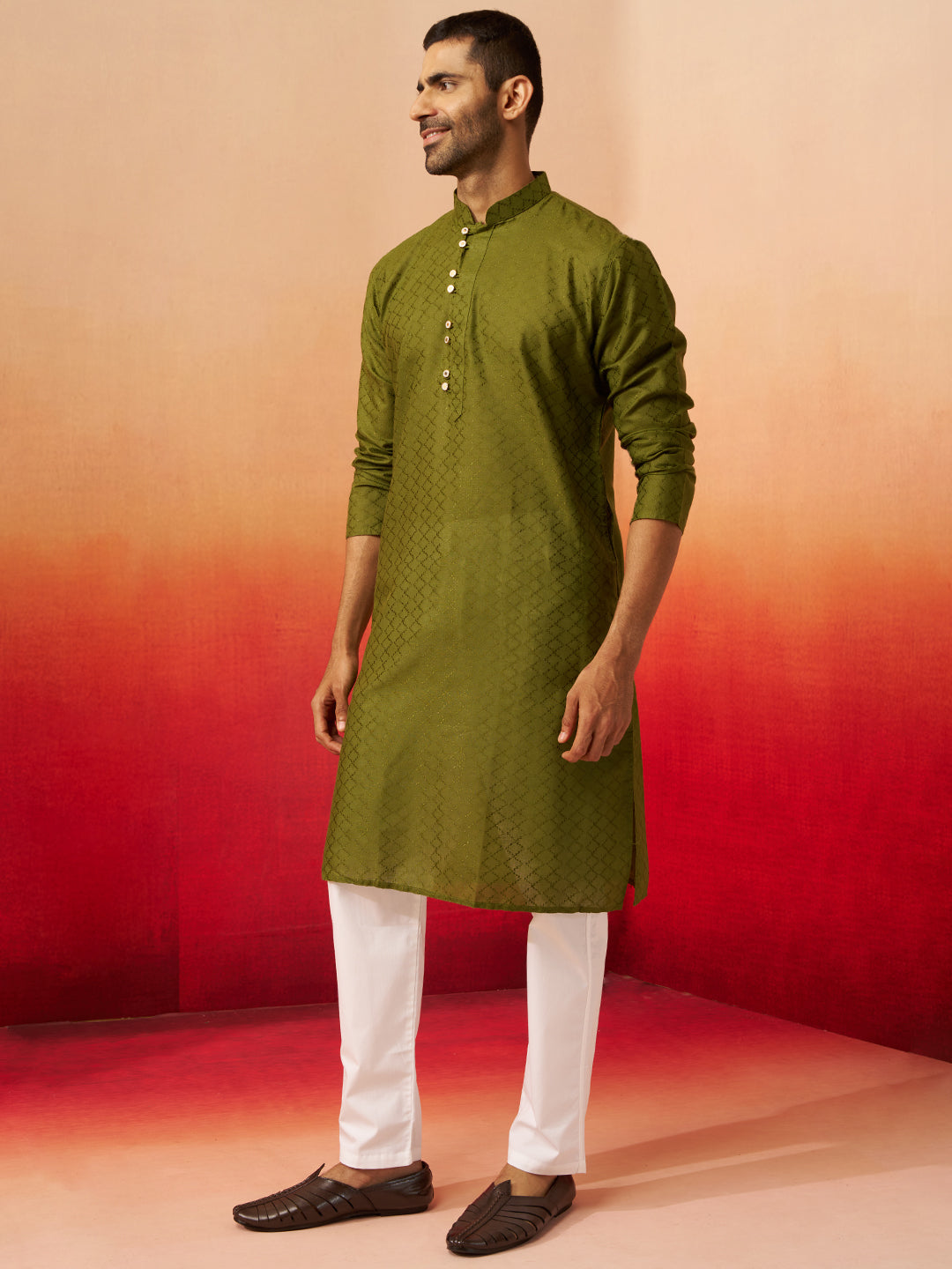 Men's Mehendi Green Jacquard Kurta with Pyjama