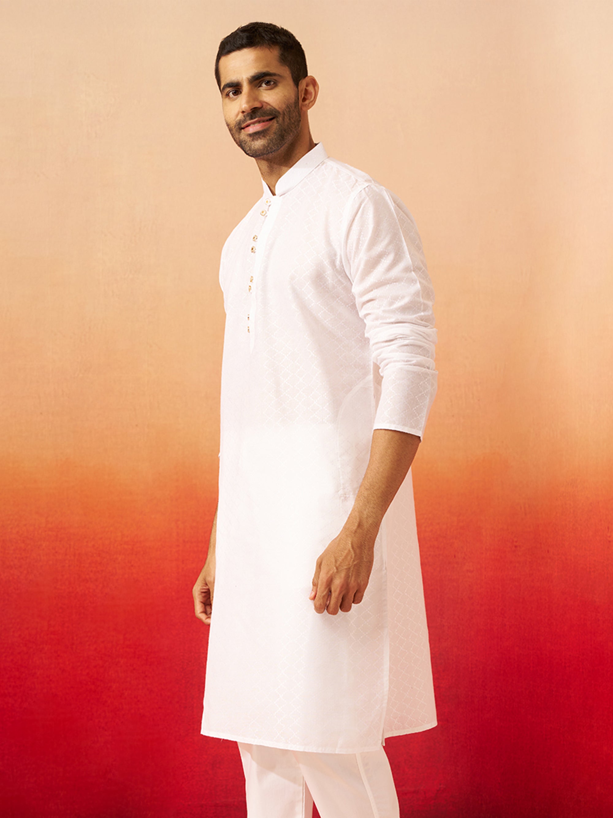 Vastramay Men White Cotton Geometric Jacquard Kurta