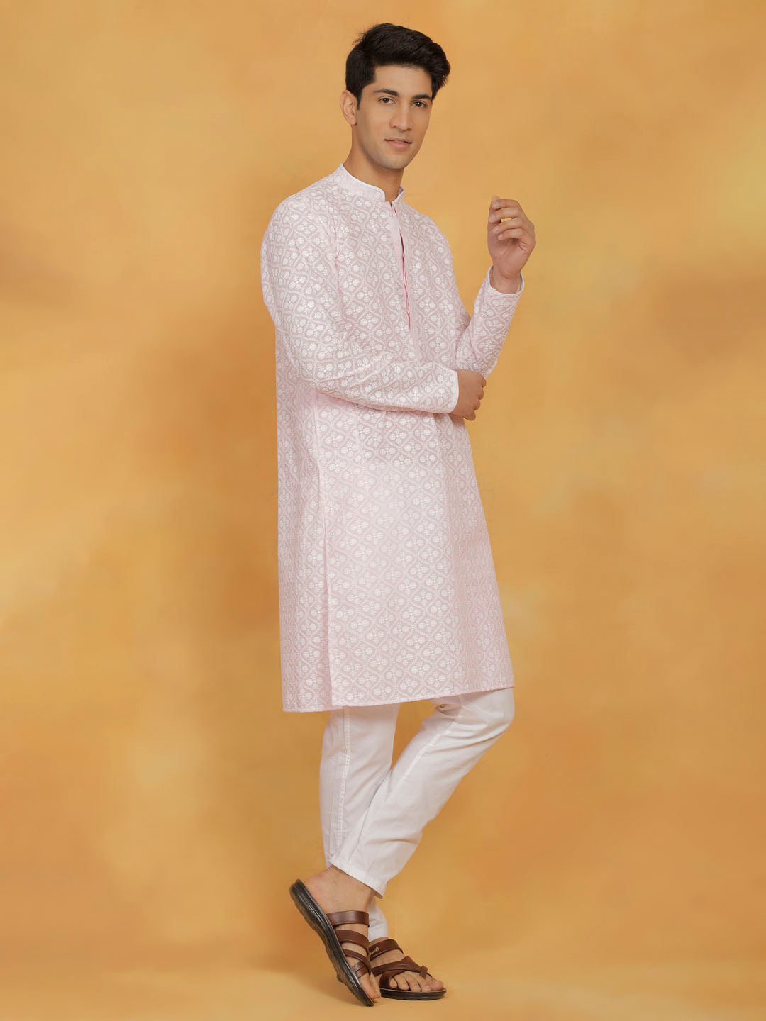 VASTRAMAY Men's Pink And White Cotton Kurta And Pyjama Set