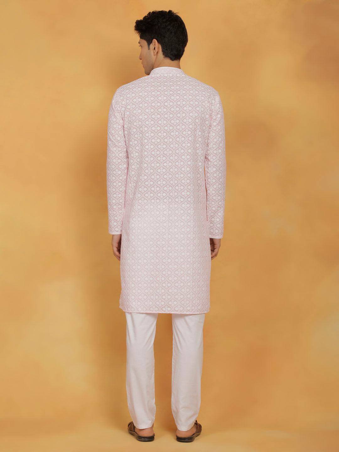 VASTRAMAY Men's Pink And White Cotton Kurta And Pyjama Set