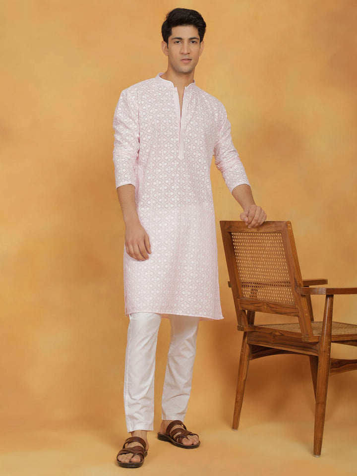 VASTRAMAY Men's Pink And White Cotton Kurta And Pyjama Set