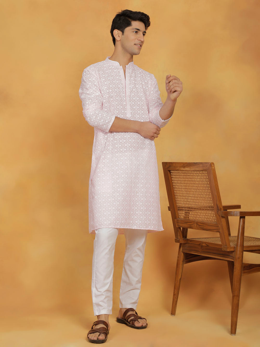 VASTRAMAY Men's Pink And White Cotton Kurta And Pyjama Set