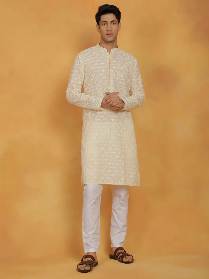 VASTRAMAY Men's Yellow And White Cotton Kurta And Pyjama Set