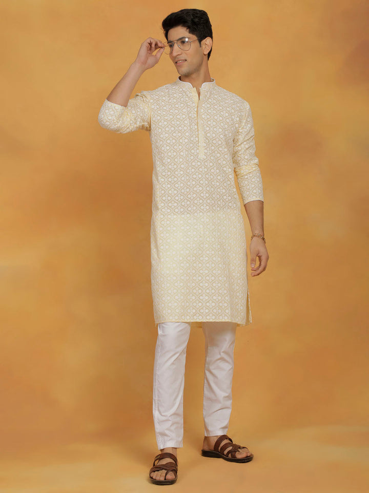 VASTRAMAY Men's Yellow And White Cotton Kurta And Pyjama Set