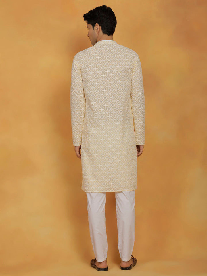 VASTRAMAY Men's Yellow And White Cotton Kurta And Pyjama Set