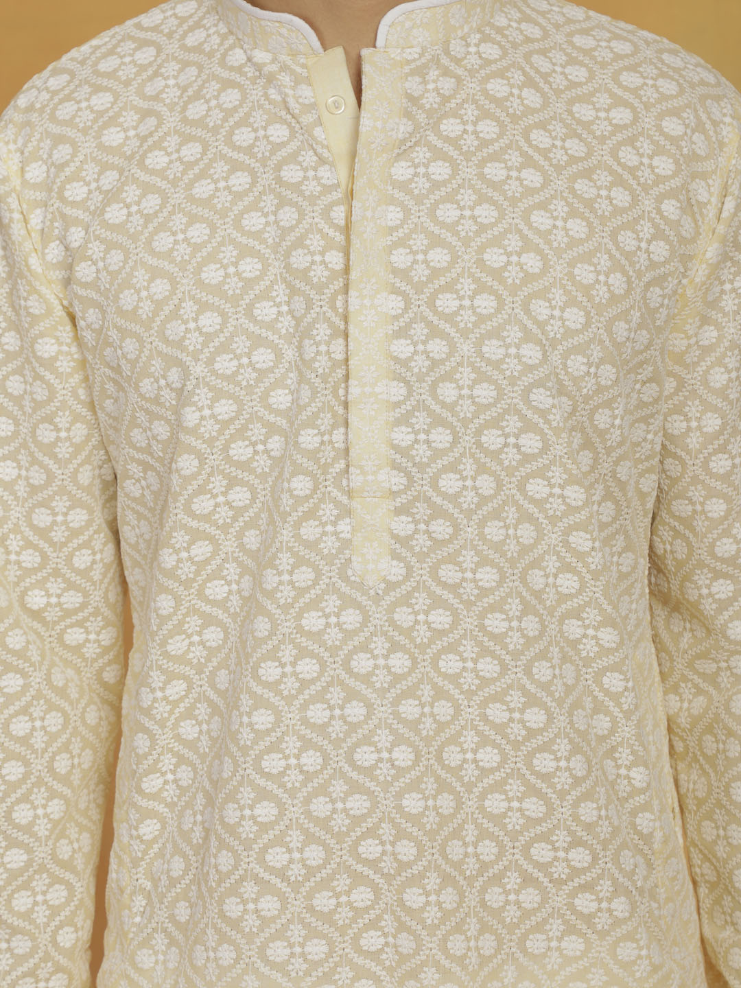 VASTRAMAY Men's Yellow And White Cotton Kurta And Pyjama Set