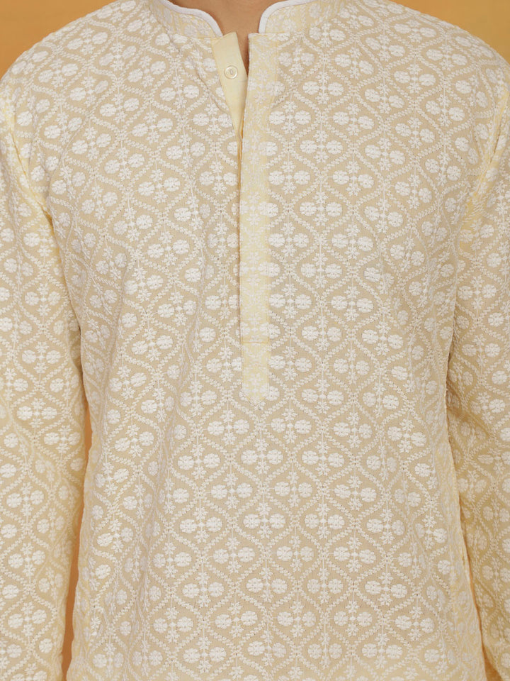 VASTRAMAY Men's Yellow And White Cotton Kurta And Pyjama Set