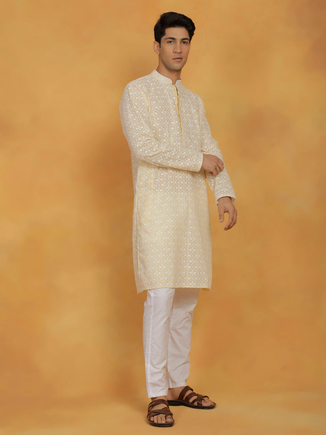 VASTRAMAY Men's Yellow And White Cotton Kurta And Pyjama Set