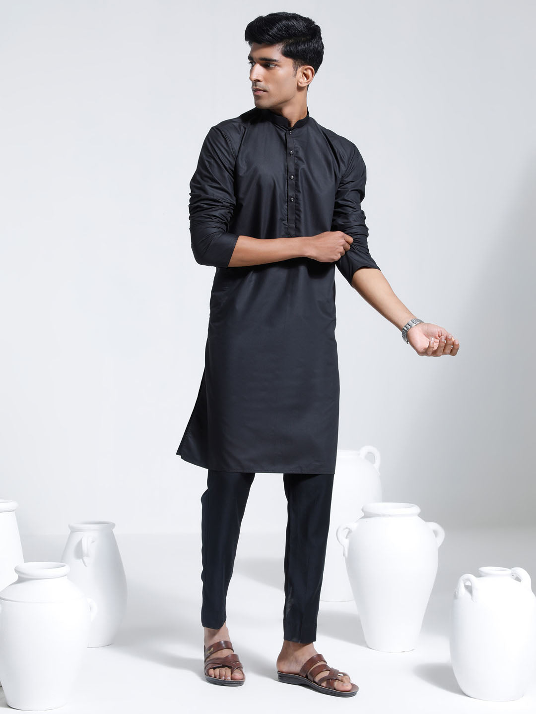 VASTRAMAY Men's Black Cotton Silk Kurta And Pyjama Set