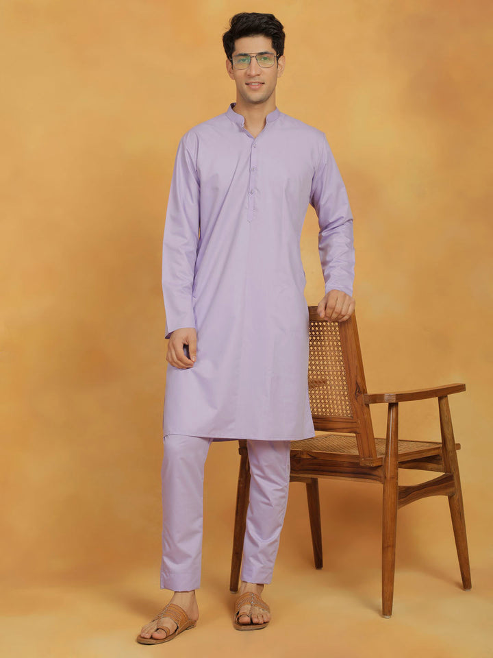 VASTRAMAY Men's Lavender Cotton Silk Kurta And Pyjama Set