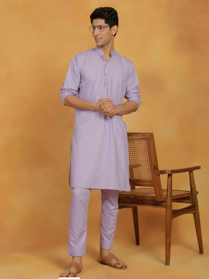 VASTRAMAY Men's Lavender Cotton Silk Kurta And Pyjama Set