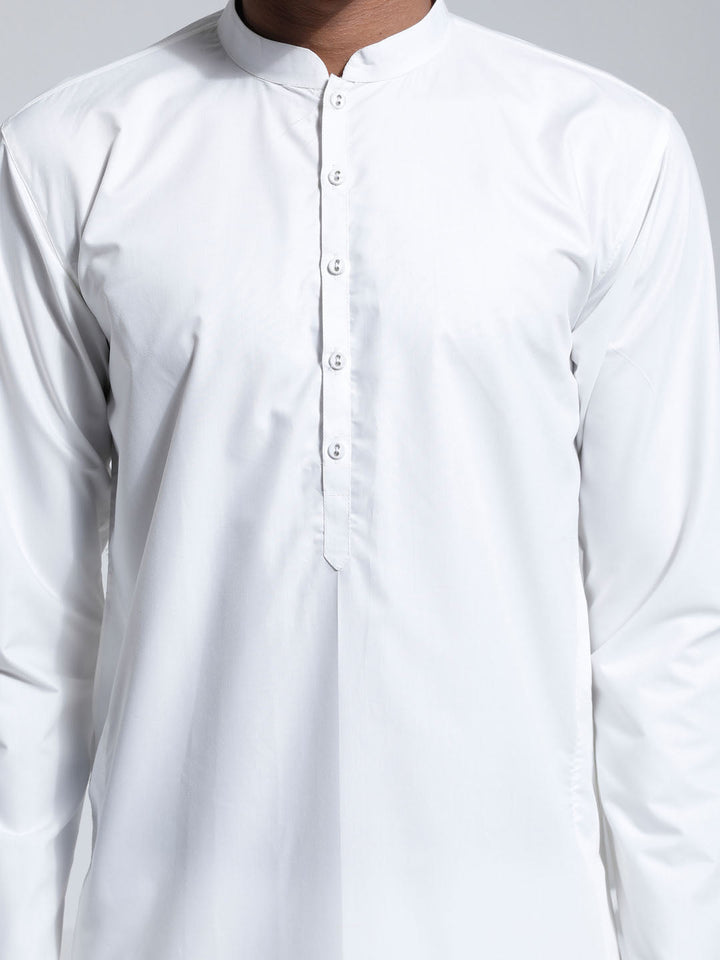 VASTRAMAY Men's White Cotton Silk Kurta And Pyjama Set