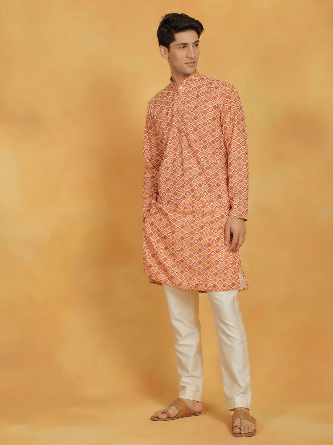 VASTRAMAY Men's Orange And Cream Maslin Kurta And Pyjama Set