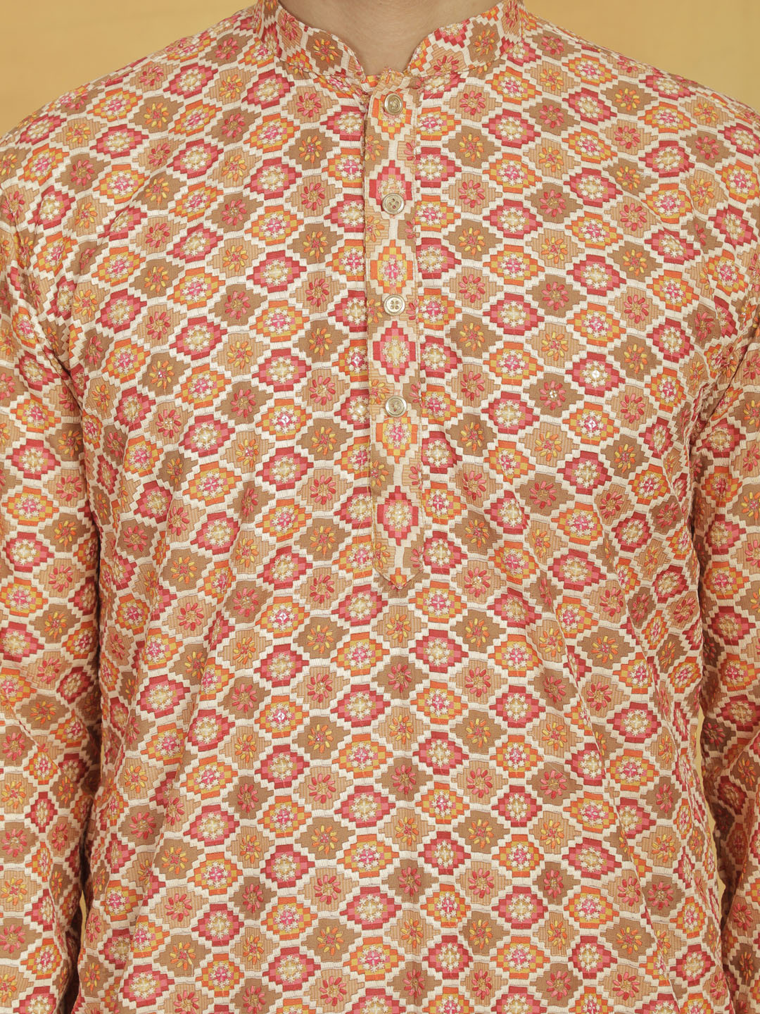 VASTRAMAY Men's Orange And Cream Maslin Kurta And Pyjama Set