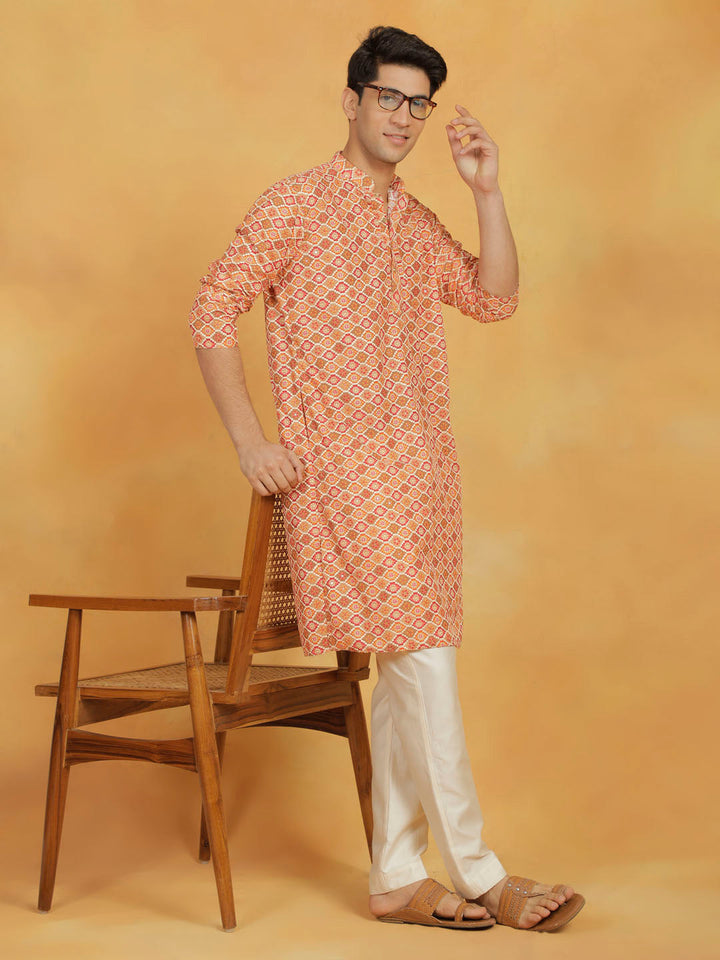 VASTRAMAY Men's Orange And Cream Maslin Kurta And Pyjama Set