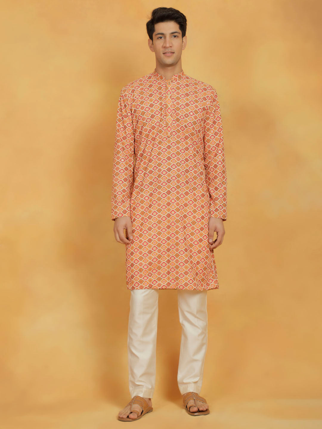 VASTRAMAY Men's Orange And Cream Maslin Kurta And Pyjama Set