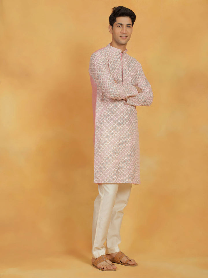 VASTRAMAY Men's Pink Muslin Kurta And Pyjama Set