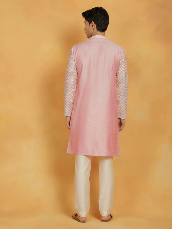 VASTRAMAY Men's Pink Muslin Kurta And Pyjama Set