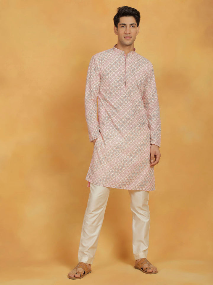 VASTRAMAY Men's Pink Muslin Kurta And Pyjama Set