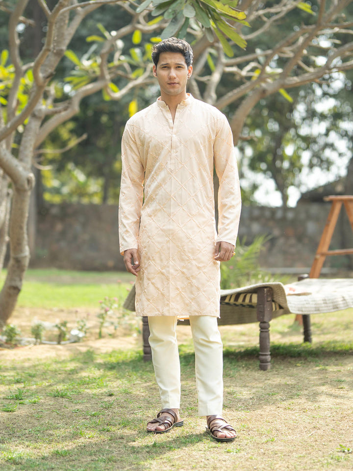 VASTRAMAY Men's Peach And Cream Viscose Kurta And Pyjama Set