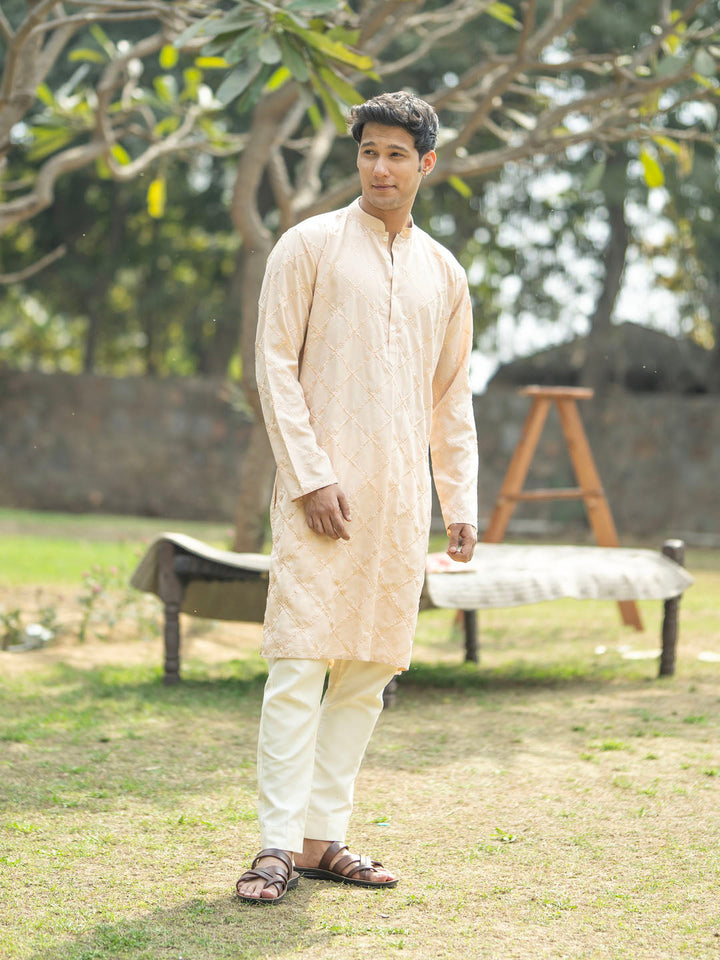 VASTRAMAY Men's Peach And Cream Viscose Kurta And Pyjama Set