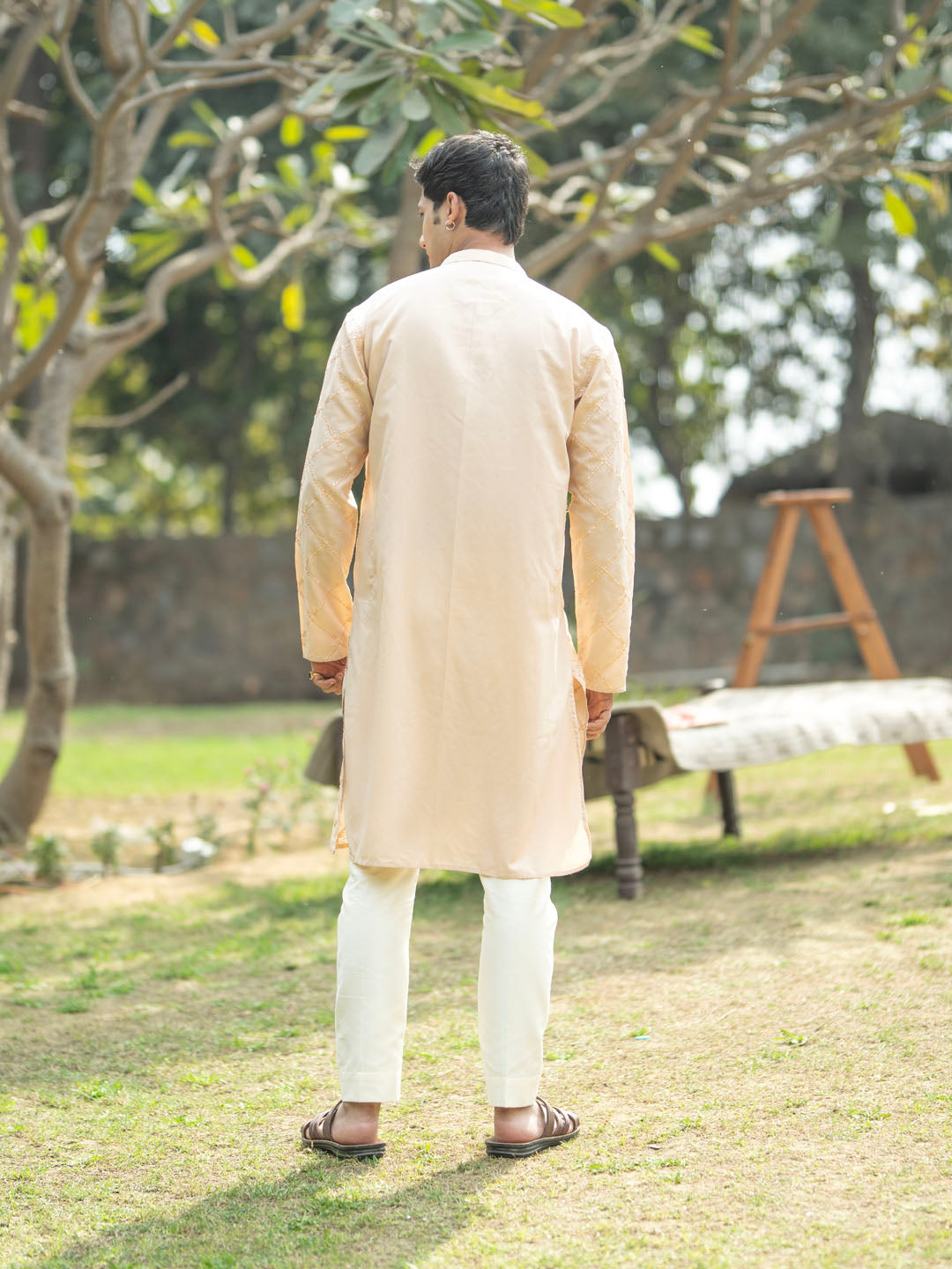 VASTRAMAY Men's Peach And Cream Viscose Kurta And Pyjama Set