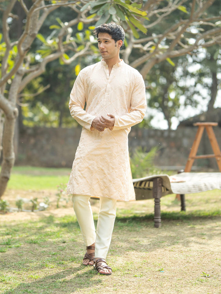 VASTRAMAY Men's Peach And Cream Viscose Kurta And Pyjama Set