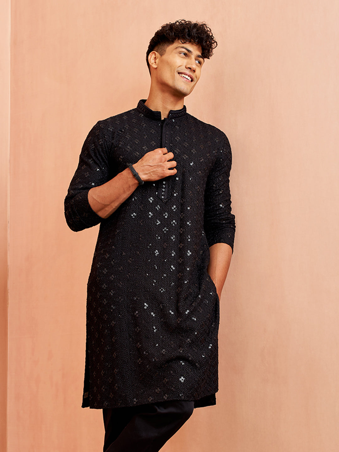 Men Black Rayon Sequin & Thread Embroidered Festive Kurta