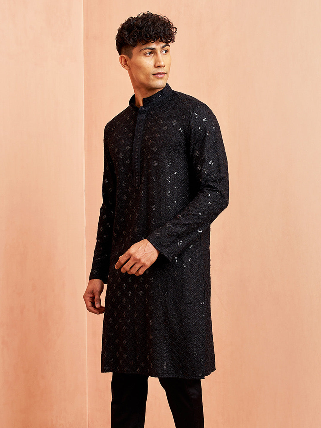 Men Black Rayon Sequin & Thread Embroidered Festive Kurta