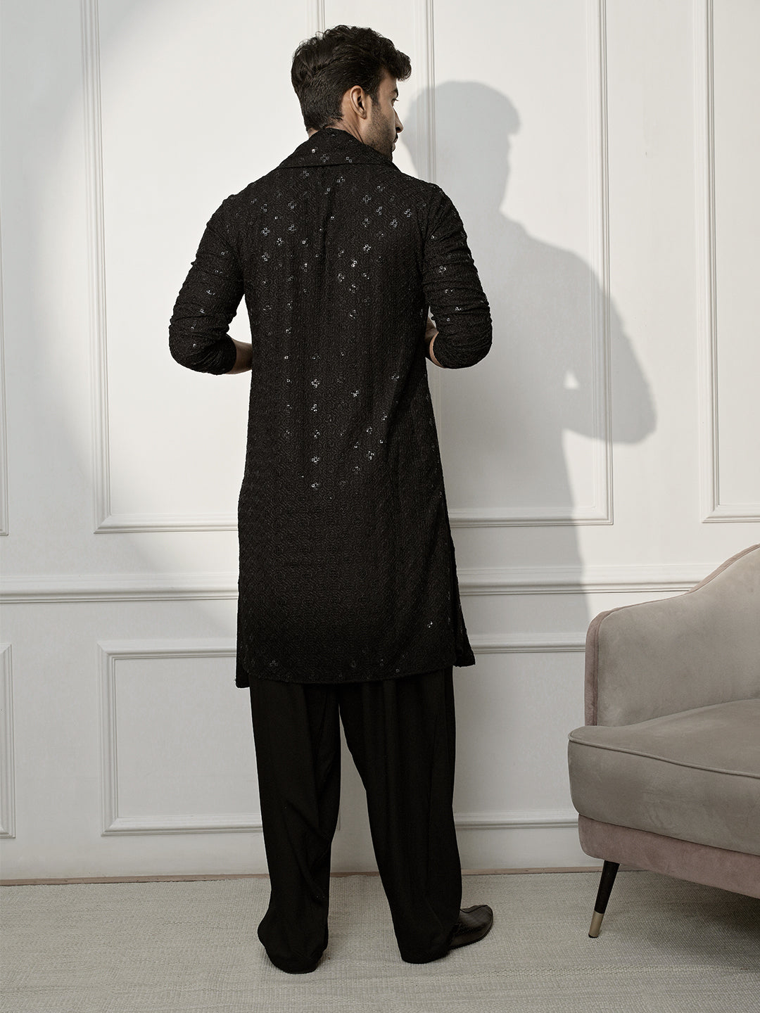 Men Black Embroidered Kurta With Pyjama & Dupatta