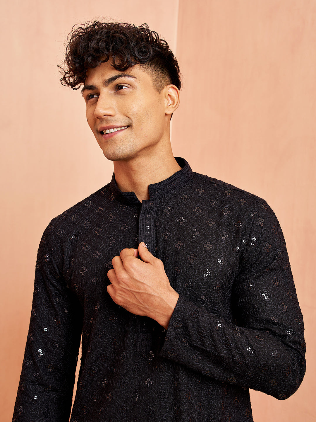 Men's Black Chikankari Embroidered Kurta With White Palazzo Set