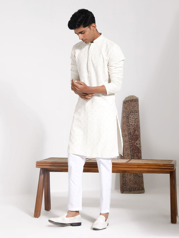 VASTRAMAY Men's Cream Rayon Kurta And Pyjama Set