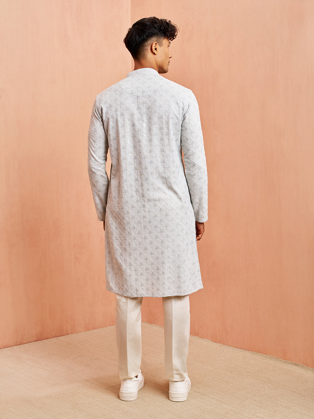 Men's Grey Chikankari Kurta with Cream Pant Set