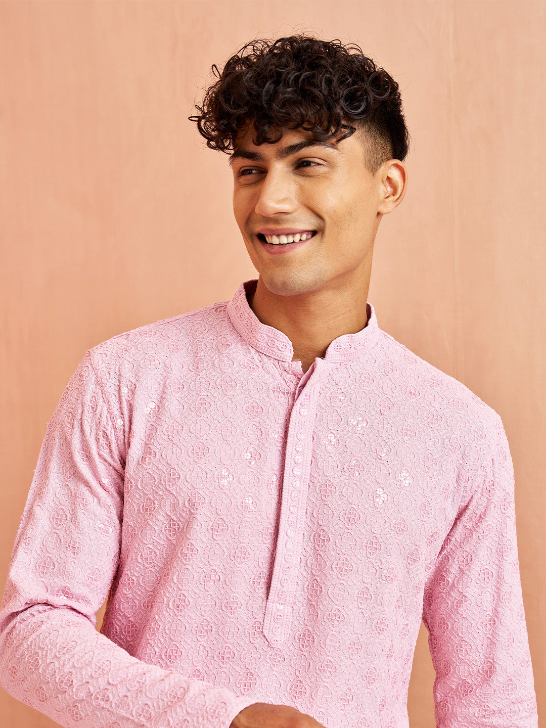 Men's Onion Chikankari Kurta with Cream Pant Set