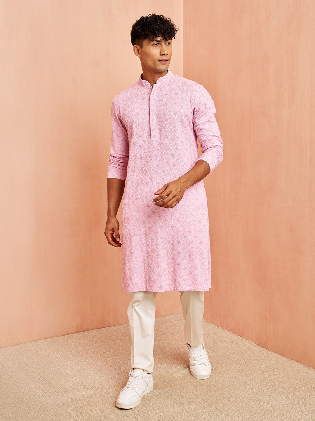 Men's Onion Chikankari Kurta with Cream Pant Set