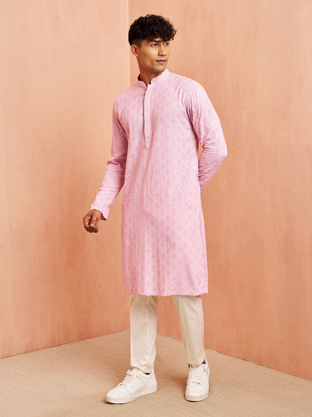 Men's Onion Chikankari Kurta with Cream Pant Set