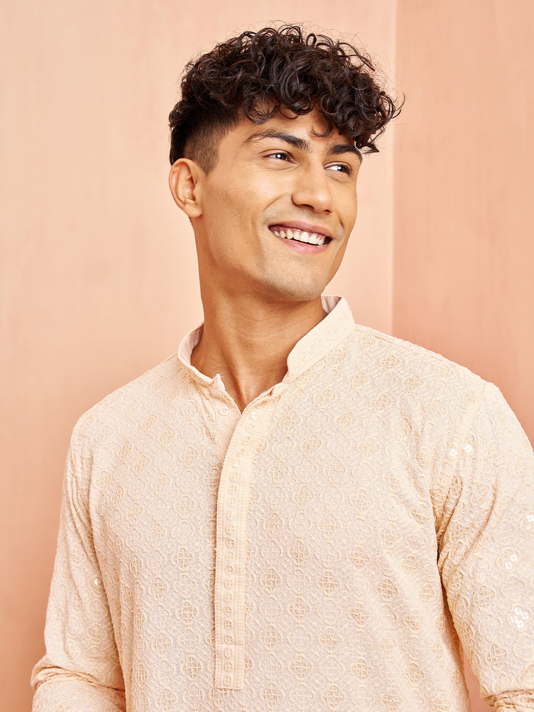 Men's Peach Chikankari Kurta with Cream Pant Set