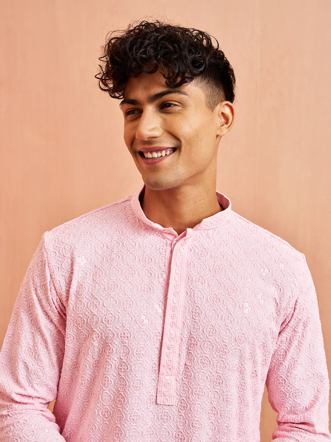 Men's Pink Chikankari Kurta with Cream Pant Set