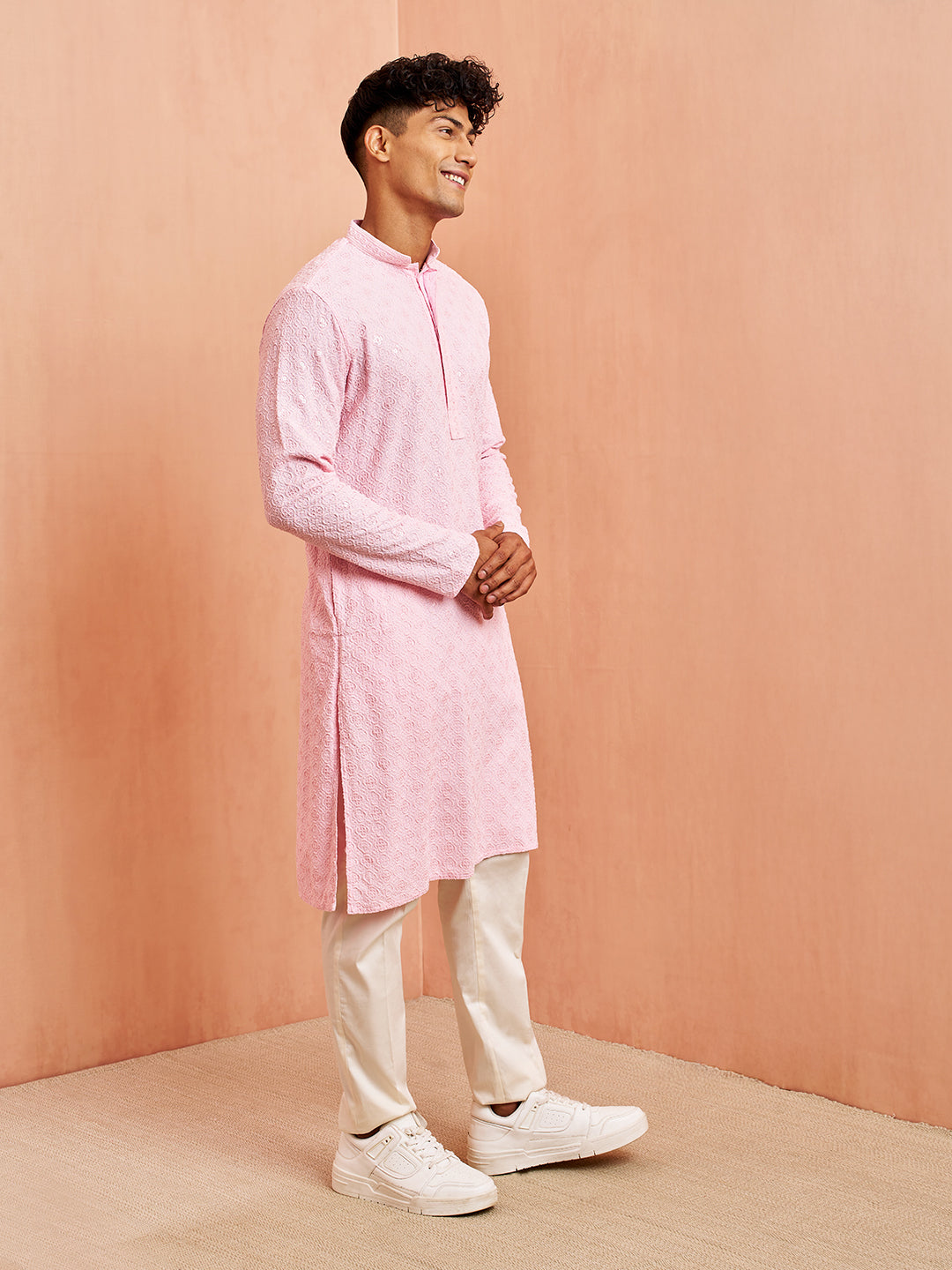 Men's Pink Chikankari Kurta with Cream Pant Set