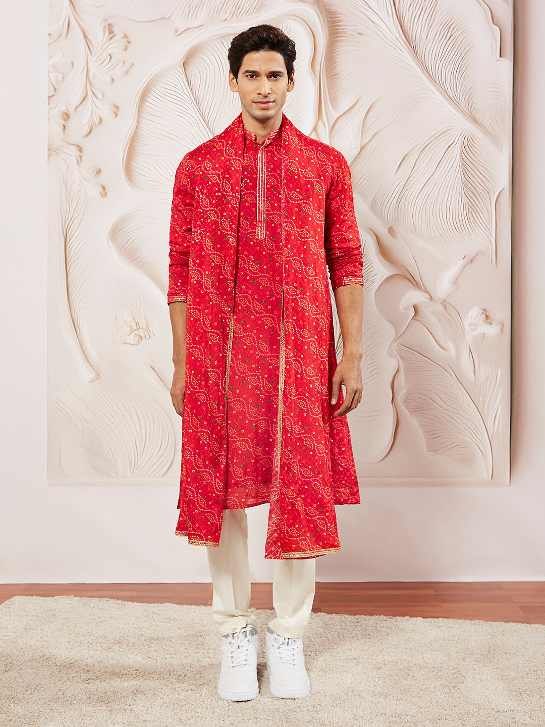 Men's Red And Cream Chinon Kurta And Pyjama Set.