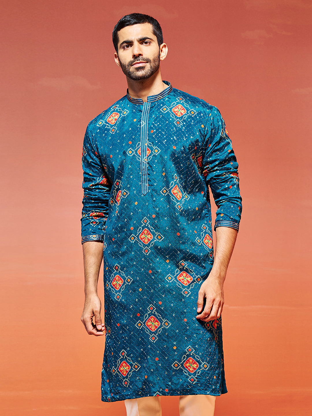 Men's Turquoise Chinon Kurta