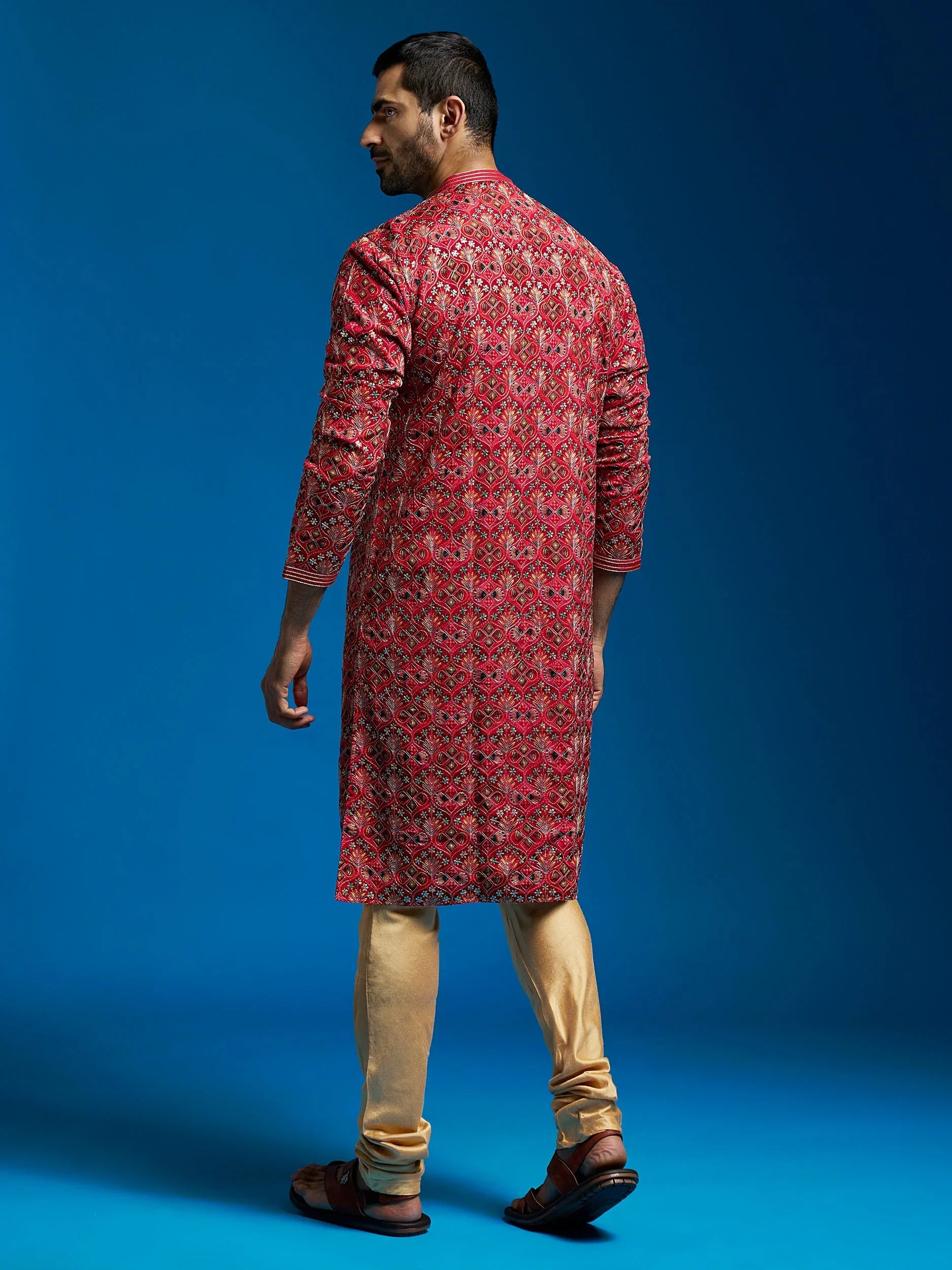 Men's Red Chinon Kurta And Pyjama Set.