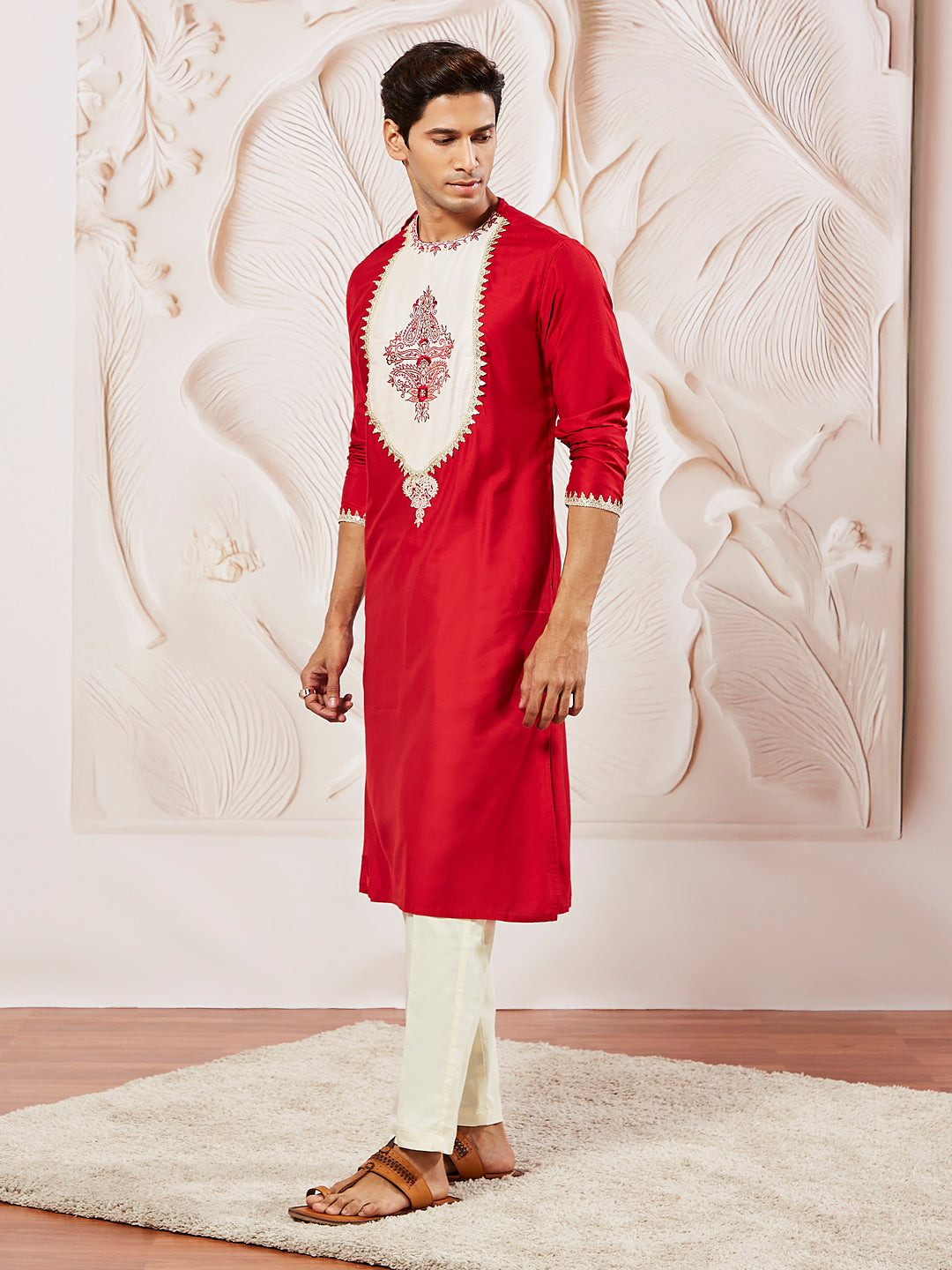 Men's Red Viscose Kurta And Pyjama Set