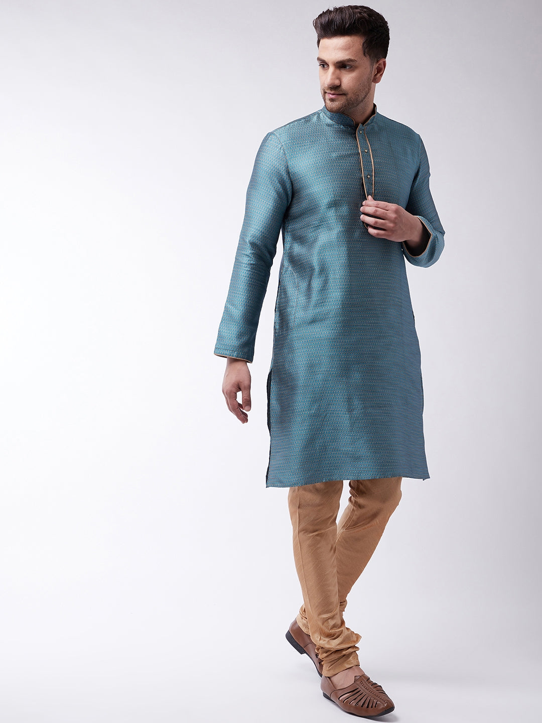 Vastramay Silk Blend Aqua Blue and Rose Gold Baap Beta Kurta Pyjama set