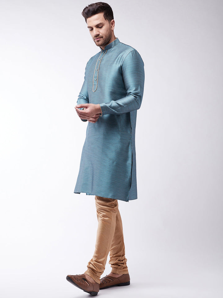 VM By VASTRAMAY Men's Aqua And Rose Gold Silk Blend Kurta With Churidar Set