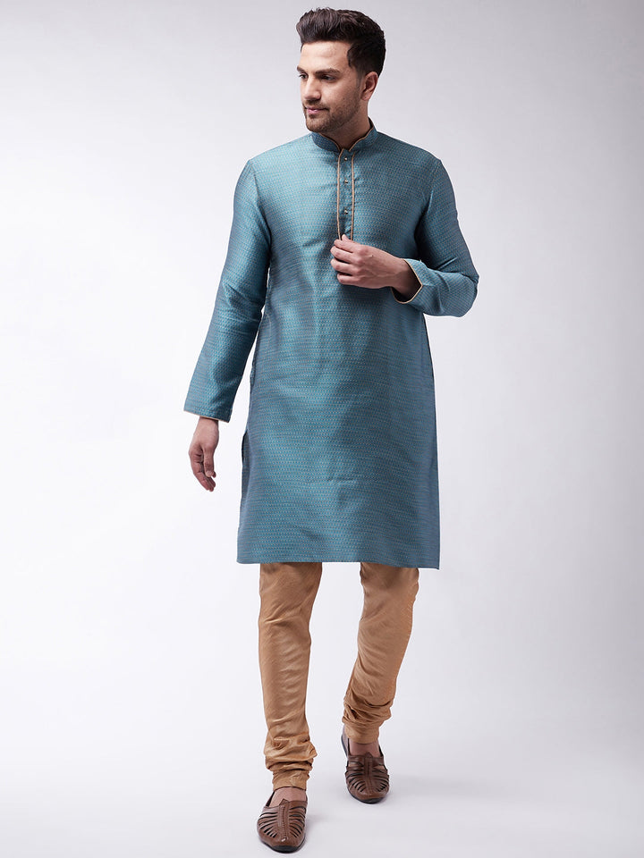 Vastramay Silk Blend Aqua Blue and Rose Gold Baap Beta Kurta Pyjama set