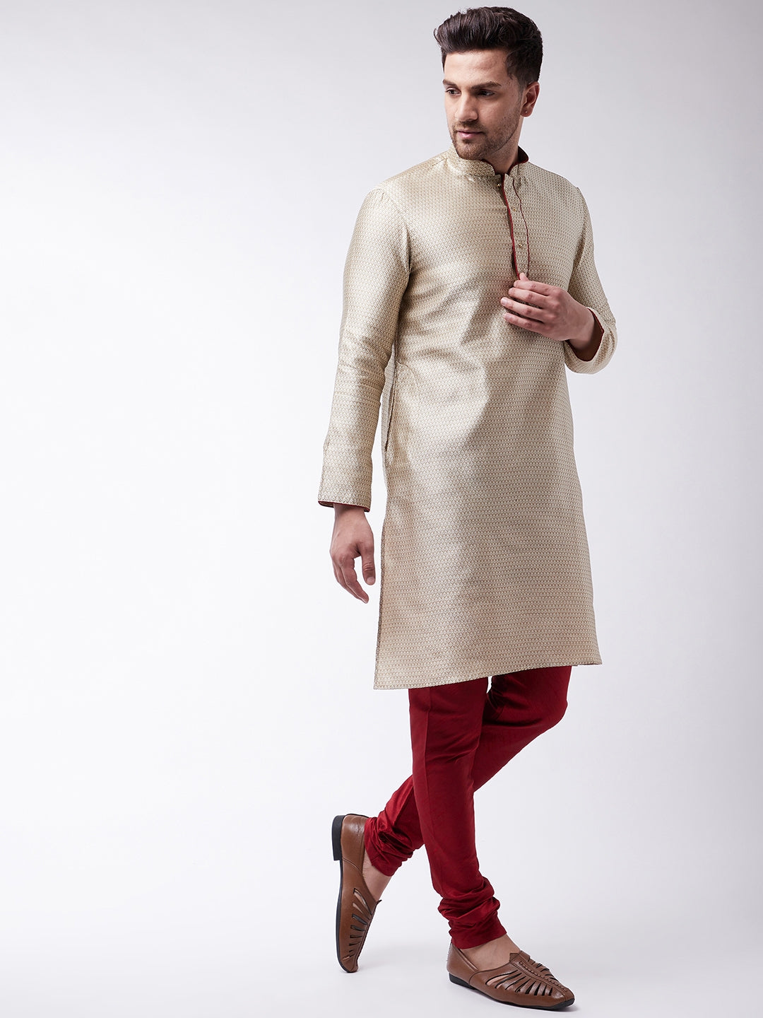 Vastramay Silk Blend Beige and Maroon Baap Beta Kurta Pyjama set